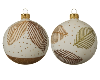 DECORATIVE GLASS BAUBLE WHITE WITH GOLD LEAF 2 DESIGNS 8CM