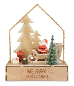 NATURAL WOOD SANTA ON SLEIGH WITH HOUSE LED BATTERY OPERATED