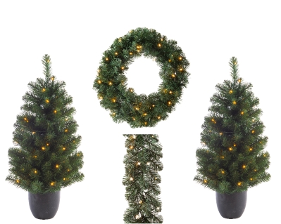 IMPERIAL OUTDOOR 4 PIECE SET TREES WREATH AND GARLAND