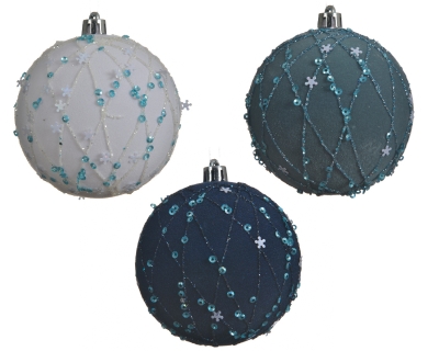 SHATTER PROOF BAUBLE WITH VELVET BEADS AND SEQUINS 3 COLOURS 8CM