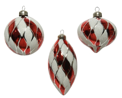 DECORATIVE GLASS BAUBLE WITH GLITTER RED AND WHITE 3 DESIGNS 8CM