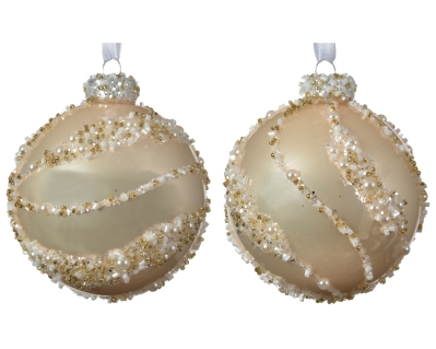 DECORATIVE GLASS BAUBLE WITH GLASS BEADS PALE GOLD 2 DESIGNS 8CM