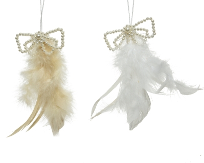 HANGING FEATHER DECORATION WITH PEARLS 7.5CM