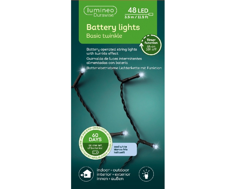 LED DURAWISE BASIC TWINKLE LIGHTS BATTERY OPERATED INDOOR OR OUTDOOR 48 LIGHTS 3 COLOURS