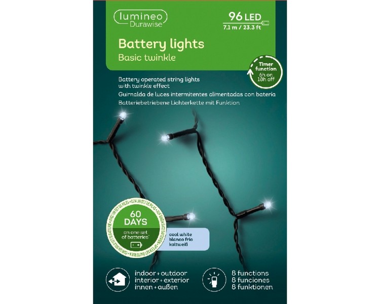 LED DURAWISE BASIC TWINKLE LIGHTS BATTERY OPERATED INDOOR OR OUTDOOR 96 LIGHTS 3 COLOURS