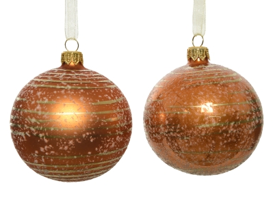 DECORATIVE GLASS BAUBLE AMBER WITH GOLD BRUSH STRIPES 8CM