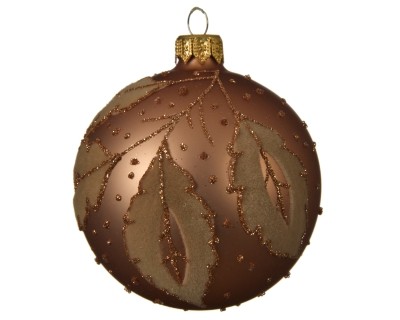 DECORATIVE GLASS BAUBLE CAMEL BROWN FLOCK LEAF DESIGN MATT FINISH 8CM