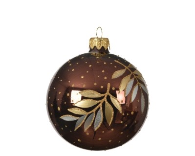 DECORATIVE GLASS BAUBLE DARK BROWN WITH GOLD LEAF DESIGN 8CM