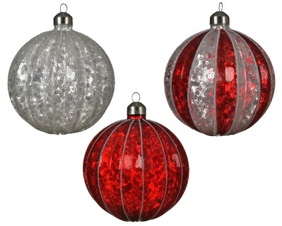 DECORATIVE GLASS BAUBLE GLITTER STRIPES RED SILVER 10CM