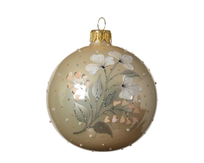 DECORATIVE GLASS BAUBLE IN PEARL WITH FLOWER DESIGN 8CM