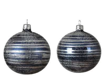 DECORATIVE GLASS BAUBLE NIGHT BLUE WITH SIVLER BRUSH STRIPES 8CM