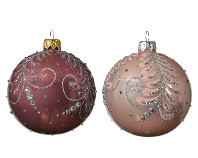 DECORATIVE GLASS BAUBLE PINK WITH BRANCH DESIGN 2 COLOURS 8CM