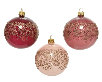 DECORATIVE GLASS BAUBLE PINKS WITH CHAMPAGNE LACE DESIGN 8CM