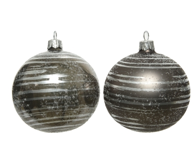 DECORATIVE GLASS BAUBLE WARM GREY WITH SILVER BRUSH STRIPES 8CM