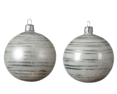 DECORATIVE GLASS BAUBLE WHITE WITH SILVER BRUSH STRIPES 8CM