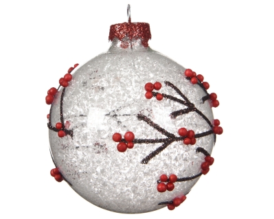 DECORATIVE GLASS BAUBLE WITH BRANCH AND SNOW DESIGN 8CM