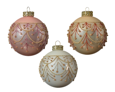 DECORATIVE GLASS BAUBLE WITH GLITTER 3 COLOURS 8CM