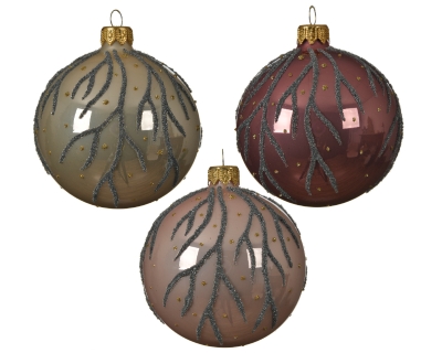 DECORATIVE GLASS BAUBLE WITH GLITTER BRANCH PINKS 3 COLOURS 8CM