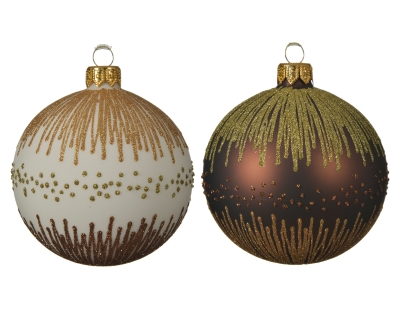 DECORATIVE GLASS BAUBLE WITH GLITTER LINES GOLD 2 COLOURS 8CM