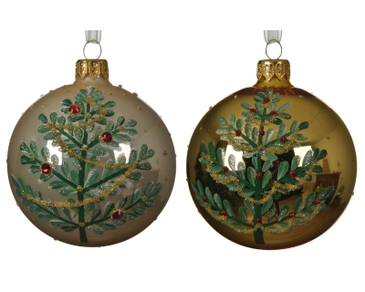 DECORATIVE GLASS BAUBLE WITH GREEN TREE DESIGN 2 COLOURS 8CM