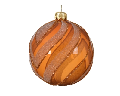 DECORATIVE GLASS BAUBLE WITH LINES AMBER 8CM