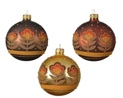 DECORATIVE GLASS BAUBLE WITH RETRO FLOWER DESIGN 3 COLOURS 8CM