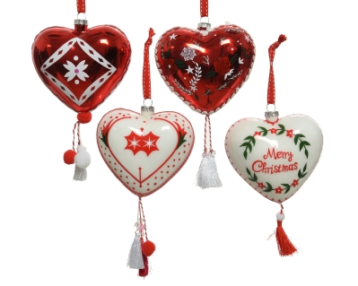 DECORATIVE GLASS HEART BAUBLE WITH TASSLES 4 DESIGNS