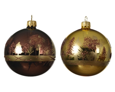 DECORATIVE WITH GLASS BAUBLE WITH ENAMEL TREE DESIGN 2 COLOURS 8CM