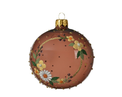 DEORATIVE GLASS BAUBLE WITH FLOWERS DARK BROWN 8CM