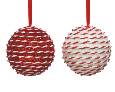 FOAM BAUBLE RED AND WHITE STRIPES 2 DESIGNS 10CM