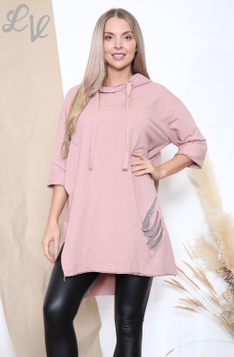 Ladies Sequin Cut Out Detail Hooded Tunic Top Dusty Pink