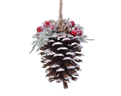 LARGE HANGING PINECONE FROSTED WITH RED BERRIES 13CM