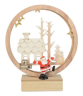 NATURAL WOOD LED RING WITH SANTA DESIGN BATTERY OPERATED 20CM