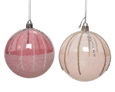 SHATTERPROOF BAUBLE WITH GLITTER PINK 2 DESIGNS 8CM
