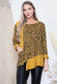 Ladies Leopard Print Asymmetrical Top Mustard