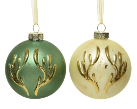 DECORATIVE GLASS BAUBLE WITH ANTLERS GREEN OR CREAM 8CM