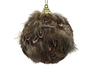 FOAM BAUBLE WITH FEATHERS BROWN 8CM