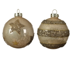 DECORATIVE GLASS BAUBLE WITH GLITTER BROWN 2 DESIGNS 8CM