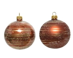 DECORATIVE GLASS BAUBLE BROWN WITH GOLD BRUSH STRIPES 8CM