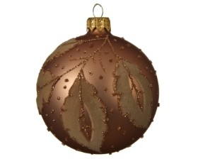 DECORATIVE GLASS BAUBLE CAMEL BROWN FLOCK LEAF DESIGN MATT FINISH 8CM