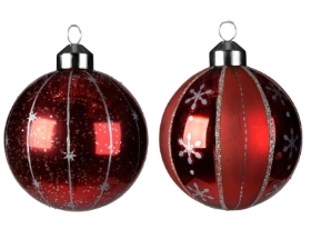 DECORATIVE GLASS BAUBLE CHRISTMAS RED 2 DESIGNS 8CM