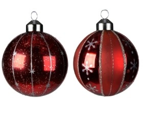 DECORATIVE GLASS BAUBLE CHRISTMAS RED 2 DESIGNS 8CM