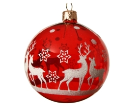 DECORATIVE GLASS BAUBLE CHRISTMAS RED WITH DEER DESIGN 8CM