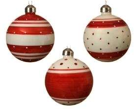 DECORATIVE GLASS BAUBLE CHRISTMAS RED WITH STRIPES 3 DESIGNS 8CM