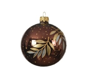 DECORATIVE GLASS BAUBLE DARK BROWN WITH GOLD LEAF DESIGN 8CM