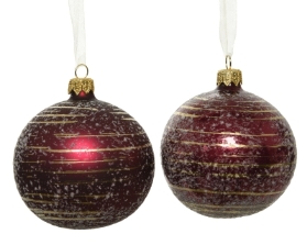 DECORATIVE GLASS BAUBLE DEEP PINK WITH GOLD BRUSH STRIPES 8CM