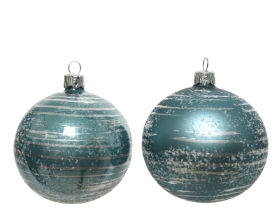 DECORATIVE GLASS BAUBLE LIGHT BLUE WITH SILVER BRUSH STRIPES 8CM