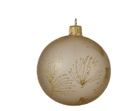 DECORATIVE GLASS BAUBLE PEARL WITH GOLD FEATHERS 8CM