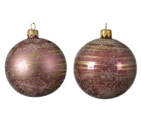 DECORATIVE GLASS BAUBLE VELVET PINK WITH GOLD BRUSH STRIPES 8CM