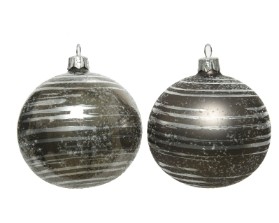 DECORATIVE GLASS BAUBLE WARM GREY WITH SILVER BRUSH STRIPES 8CM